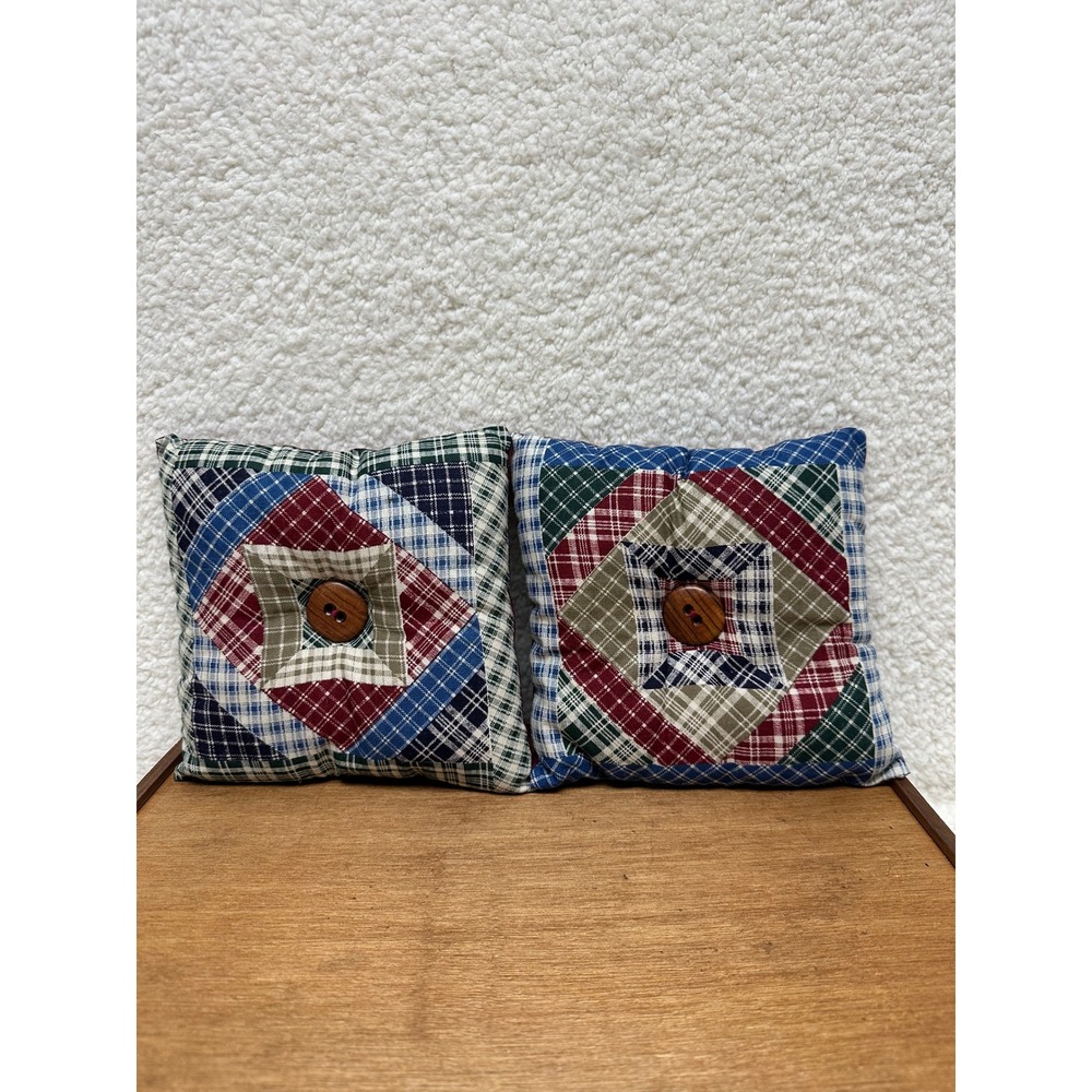 Patchwork Small Throw Pillows Plaid Log Cabin Style Wooden Button 7x7 Set of 2